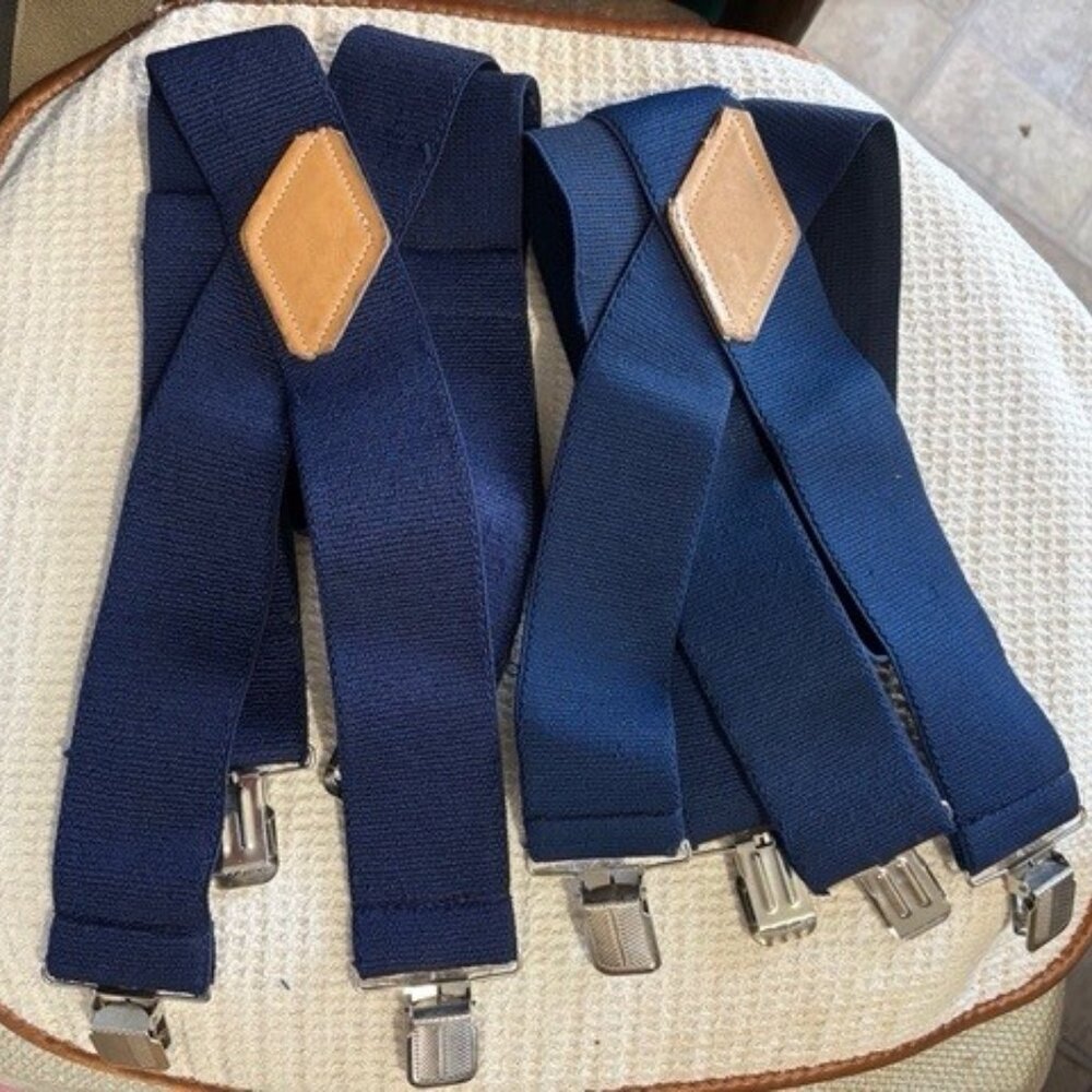 SUSPENDER'S men NAVY (2) X-back 2"wide elastic -silver clips/adjusters pre-owned